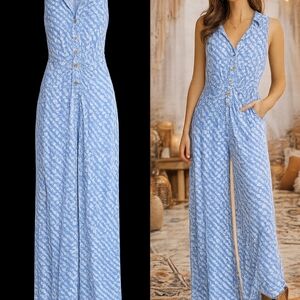 Free People Light Blue Patterned Jumpsuit